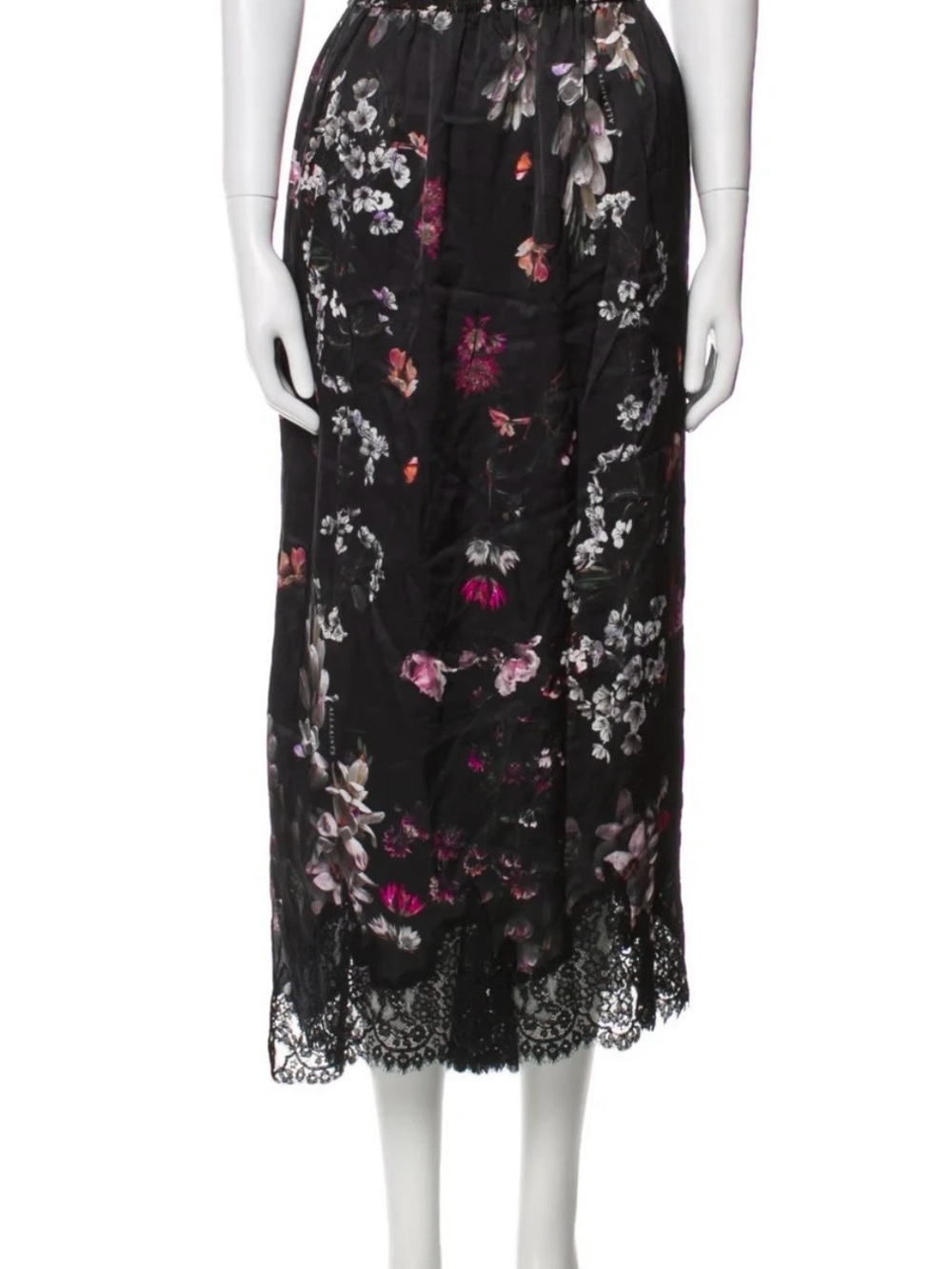 AllSaints Black Floral Lace-Trim Midi Skirt with Pink Accents